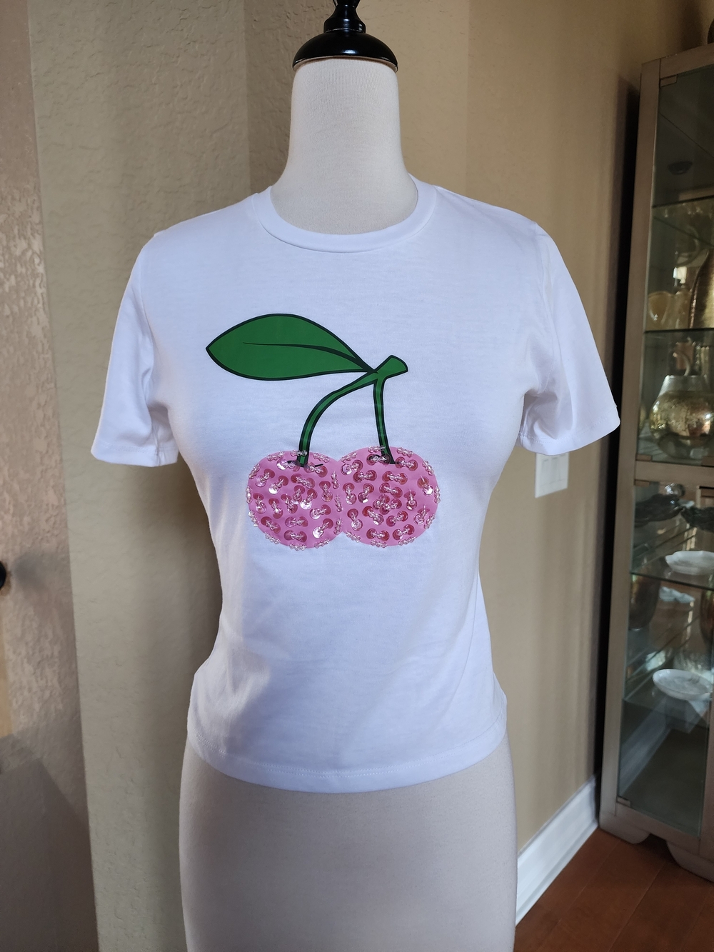White Graphic Cherry Sequin Tee